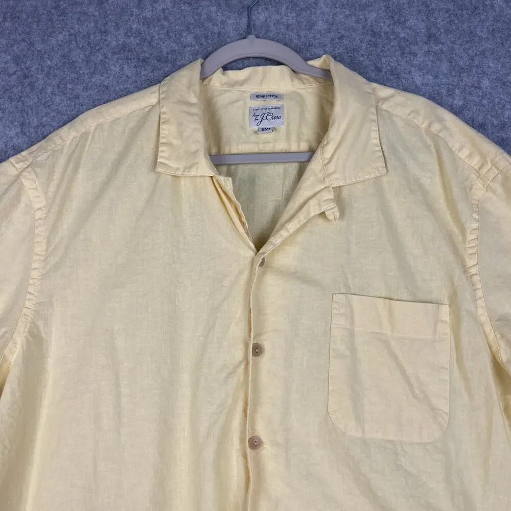 J‎ Crew Camp Shirt Mens XXL Yellow Hemp Cotton Loop Collar Coastal Hawaiian
